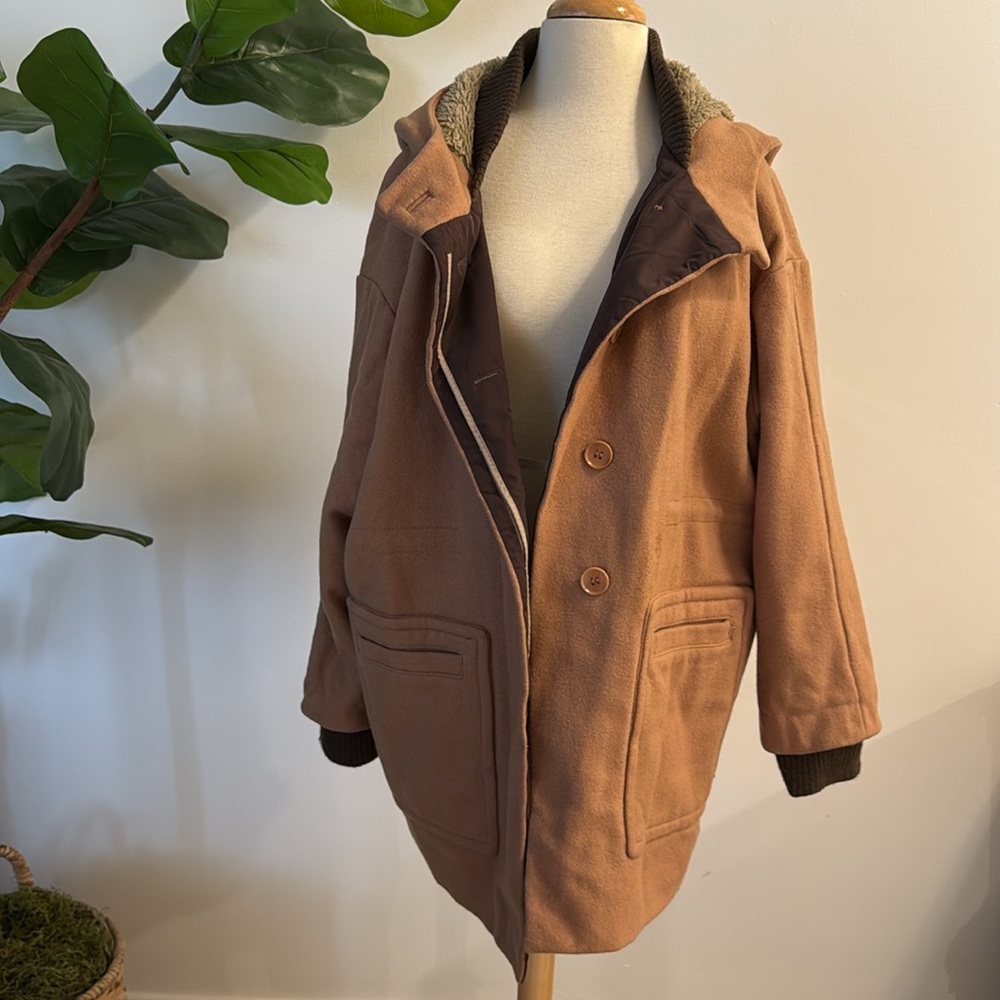BCBG Maxazria | Tan Wool Blend Faux Fur Hooded Coat